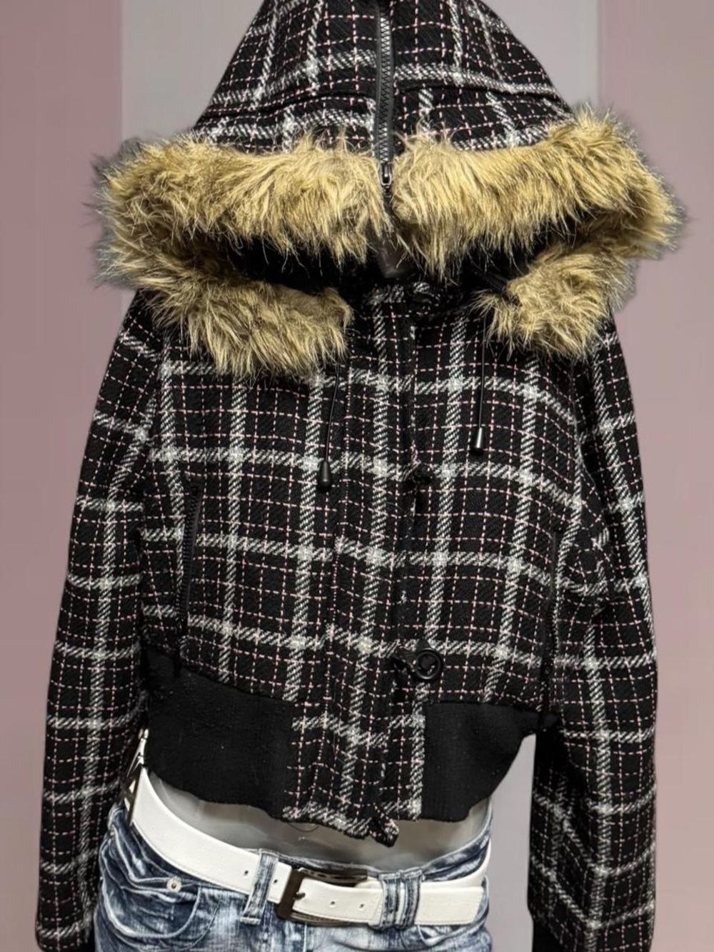 Vintage Y2K Plaid Cropped Faux-Fur Lined Jacket
